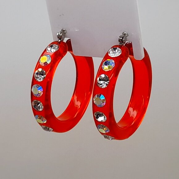 chunky red color Lucite Acrylic wide 1.5 Hoop Latch Back Fashion Earrings - Picture 1 of 3